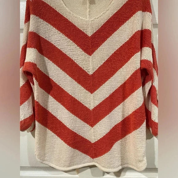 Chicos Womens Sweater 1 Small Chevron Stripe Coral Salmon Ivory Roll-Tab Dolman - Picture 3 of 10